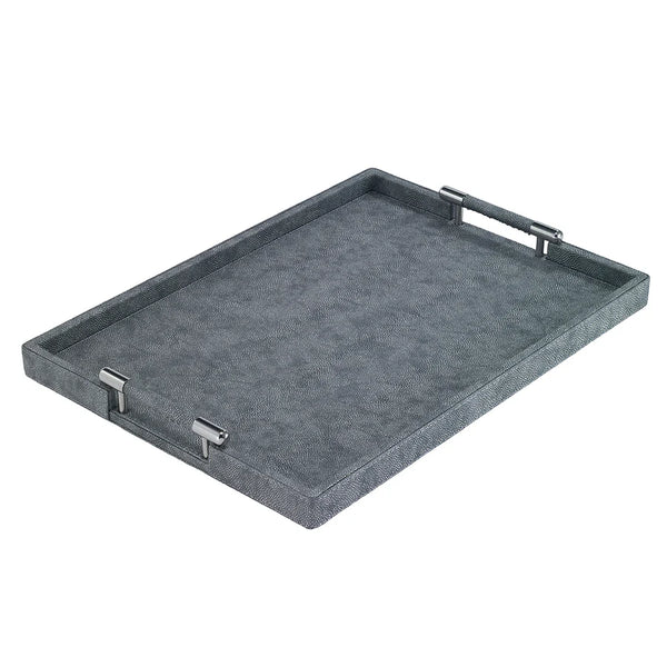 The Bodrum Stingray Handle Tray, a sleek gray bar tray with raised edges and two silver handles, ideal for serving drinks, is shown on a white background.
