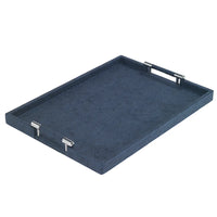 The Bodrum Stingray Handle Tray is a rectangular navy blue bar tray with a textured surface and sleek silver handles, shown against a white background.