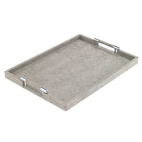 The Bodrum Stingray Handle Tray is a rectangular beige serving tray with a textured surface and silver handles on each short side, pictured on a white background.