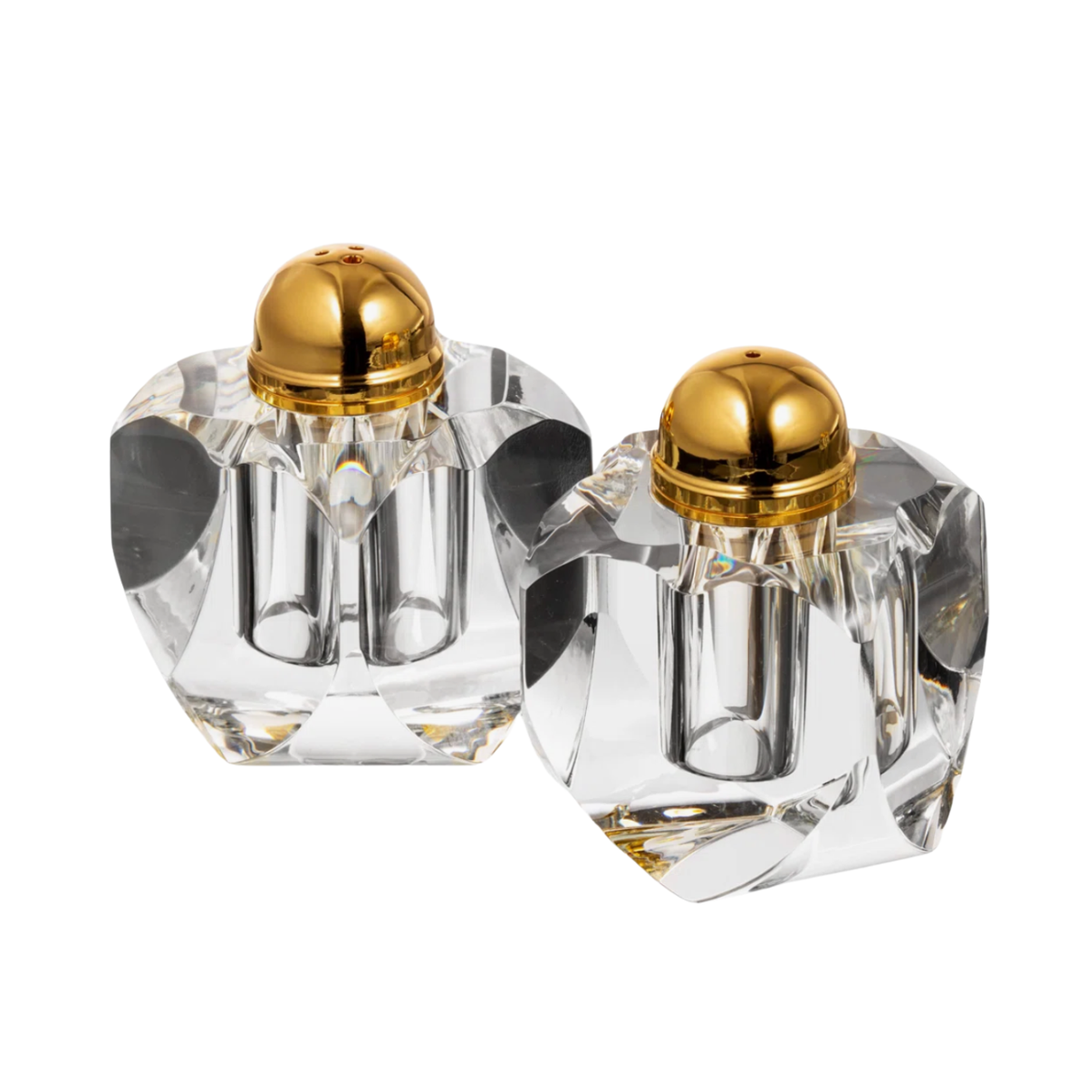 The Godinger Stockholm Gold Salt & Pepper shakers feature clear, faceted glass bodies paired with gleaming gold caps, and are displayed side by side on a white background. Their timeless design makes them the perfect table accessory for any setting.