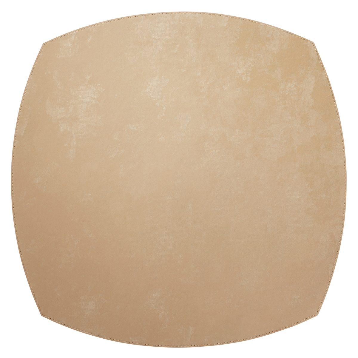 The Bodrum Velvet Elliptic Square Placemat Set of 4 features light tan, subtly textured vinyl placemats with rounded corners, shown from above on white—perfect for adding luxe style and easy care to your dining table.