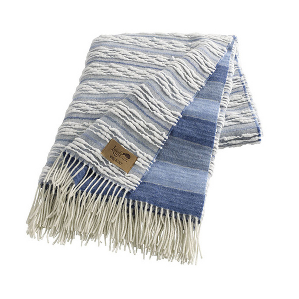 The Strato Throw by Lands Downunder is a folded, woven Italian blanket with textured white, light blue, and dark blue stripes, fringed edges, and a brown label in one corner.