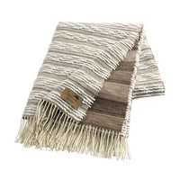 The Strato Throw by Lands Downunder is a folded, striped Italian blanket in beige and brown tones, featuring fringe edges and a small brown label on one corner.