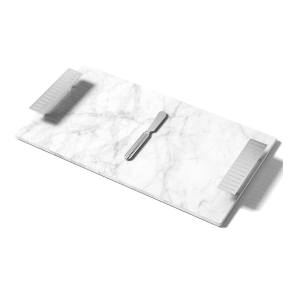 Serve your favorite cheese platter in style with the Striations Cheeseboard & Knife Set by Anna New York, featuring a rectangular white marble board with metal handles and a matching cheese knife.