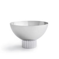The Striations Silver Nut Bowl by Anna New York features a modern, shiny stainless steel design with a wide, round shape and fluted cylindrical base, shown against a plain white background.