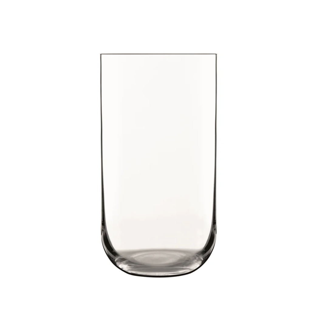 A set of four clear Luigi Bormioli Sublime Beverage Glasses, each with straight sides and a slightly rounded base, is displayed against a plain white background.