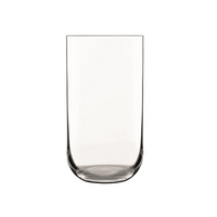 A set of four clear Luigi Bormioli Sublime Beverage Glasses, each with straight sides and a slightly rounded base, is displayed against a plain white background.