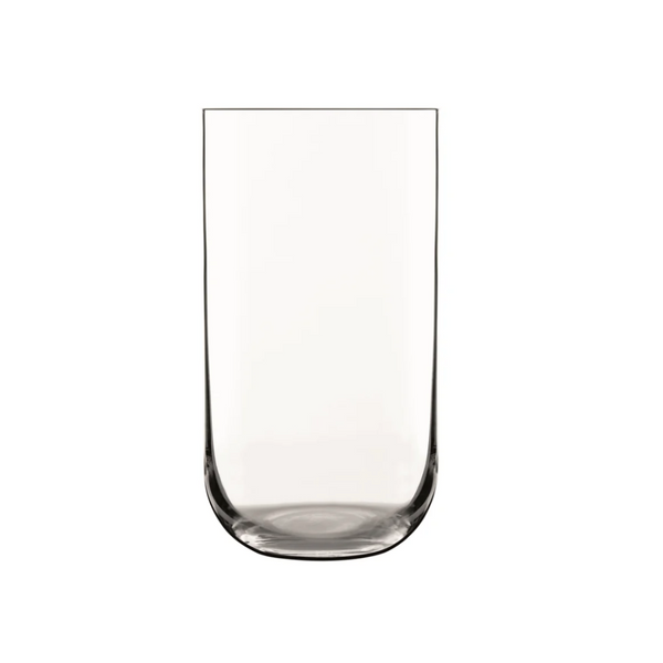 A set of four clear Luigi Bormioli Sublime Beverage Glasses, each with straight sides and a slightly rounded base, is displayed against a plain white background.