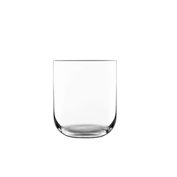 The Luigi Bormioli Sublime DOF Set of 4 features simple, transparent glass tumblers with smooth curved bases and straight sides, displayed against a plain white background. Dishwasher safe for easy cleaning.