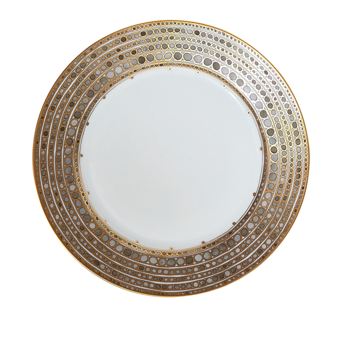 The Syracuse Dinnerware-Taupe by Haviland & Parlon features fine white porcelain with an ornate gold dotted rim forming concentric circles, offering elegance reminiscent of classic Limoges porcelain.