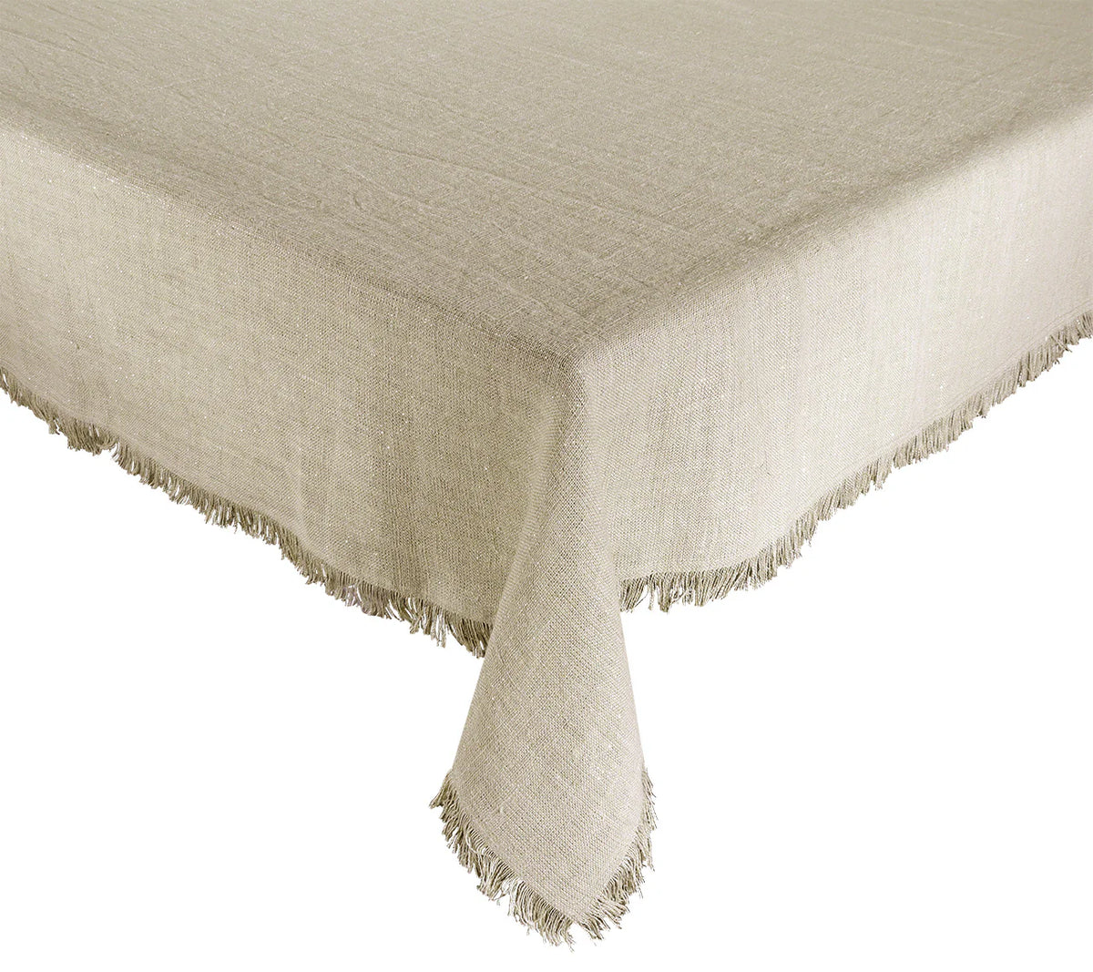 The Kim Seybert Fringe Tablecloth in Natural & Silver is a rectangular linen tablecloth with a slightly rough texture and short fringe along the edges, adding farmhouse chic style to your table.