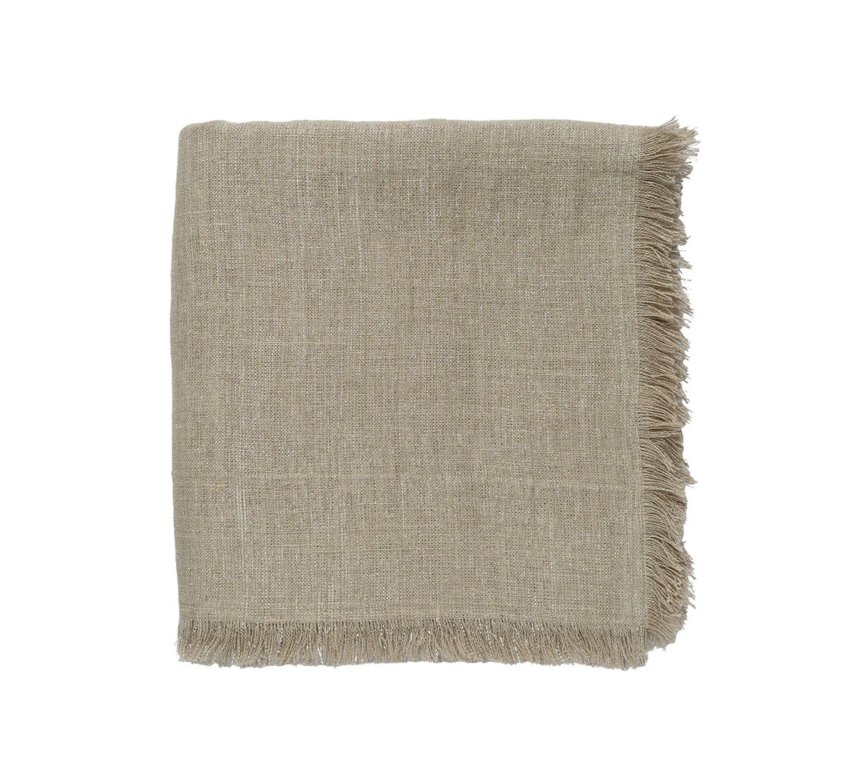 The Kim Seybert Fringe Tablecloth in Natural & Silver, with a rectangular beige design and fringed edges, offers a chic farmhouse accent for your table—perfectly displayed against a plain white background.