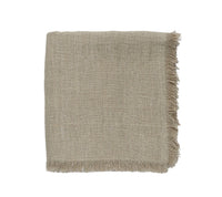 The Kim Seybert Fringe Tablecloth in Natural & Silver, with a rectangular beige design and fringed edges, offers a chic farmhouse accent for your table—perfectly displayed against a plain white background.