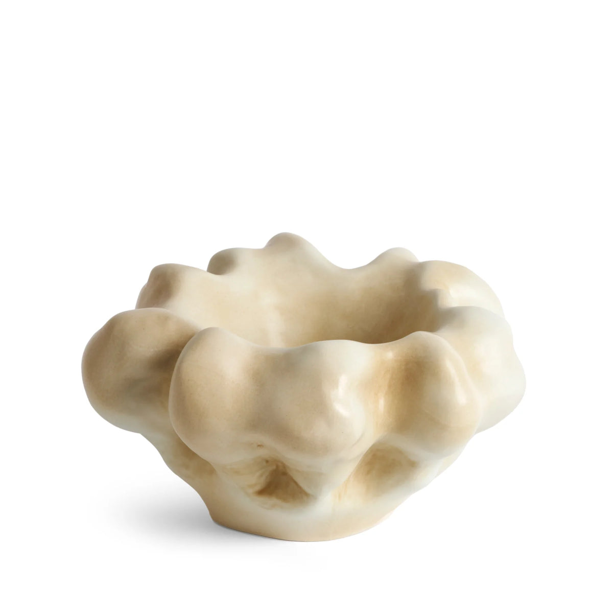 The Timna Coupe - Latte by L’Objet features creamy white porcelain crafted into an irregular, organic shape with wavy, rounded edges that evoke natural forms or coral, set against a plain white background.