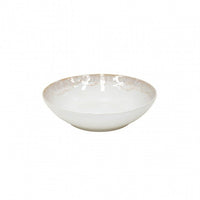 The Casafina Taormina Dinnerware White is a shallow, round stoneware bowl with a white interior and subtle beige textured rim, elegantly set against a plain white background.