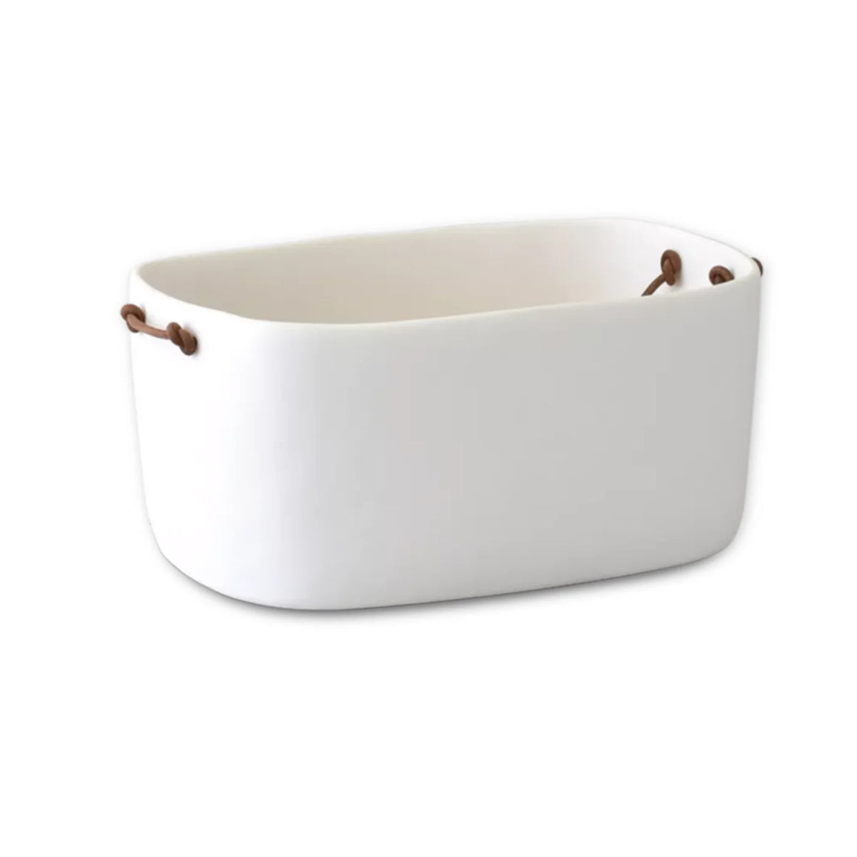 The Tina Frey Large Bucket With Leather Handle is a white, rectangular storage bin with rounded corners and two small hand-sculpted leather handles on each side, shown against a plain white background.