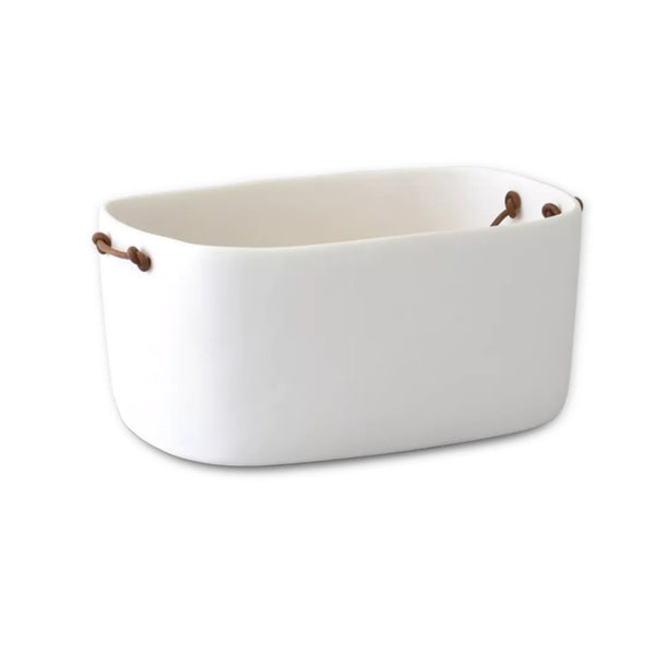 The Tina Frey Large Bucket With Leather Handle is a white, rectangular storage bin with rounded corners and two small hand-sculpted leather handles on each side, shown against a plain white background.