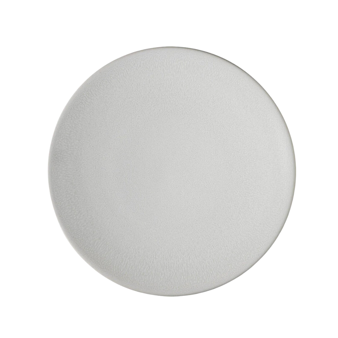 A round, light gray Tourron Dinnerware Neige ceramic plate by Jars - Rosenthal is shown from above on a white background; its smooth, subtly textured surface showcases the brand’s durable dinnerware quality.