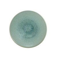Round Tourron Dinnerware Eucalyptus ceramic plate with a speckled sage green glaze, designed for modern everyday use.