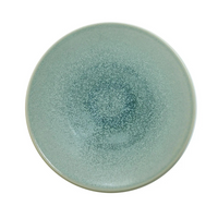 A round, shallow Eucalyptus Tourron dinner plate by Jars - Rosenthal with a speckled, textured green finish.