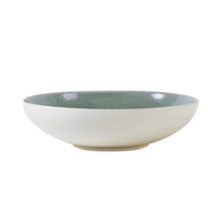 Wide, shallow, microwave-safe Jars - Rosenthal Tourron Dinnerware Eucalyptus bowl with a cream-colored exterior and a speckled sage green interior, perfect for everyday use.