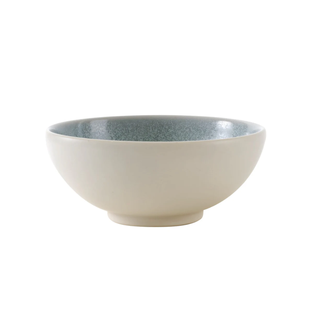 A rounded, microwave-safe Jars - Rosenthal Tourron Dinnerware Eucalyptus ceramic bowl with a cream-colored exterior and a speckled, light green interior designed for modern everyday use.