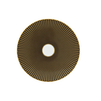 A round Tresor Dinnerware Brown plate by Raynaud, viewed from above, features a black surface with a gold geometric dot pattern radiating from a plain white center and is finished with a thin gold rim for formal elegance.