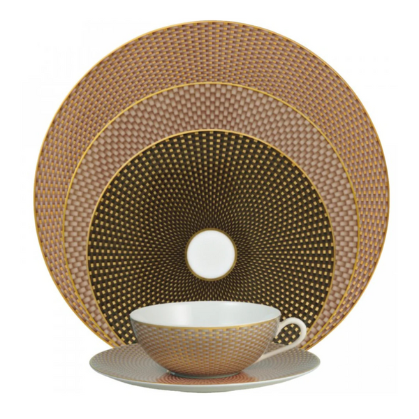 The Tresor Dinnerware Brown by Raynaud is a four-piece set—cup, saucer, salad plate, and dinner plate—featuring intricate gold, brown, and beige geometric patterns with gold rims for a touch of formal elegance.