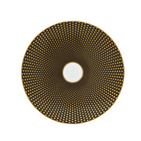 A Raynaud Tresor Dinnerware Brown porcelain plate with a geometric gold and black square pattern radiates from a white center, viewed from above on a white background—an example of formal elegant dinnerware.