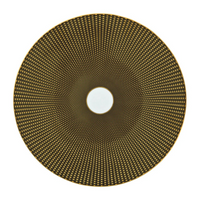 The Tresor Dinnerware Brown round plate by Raynaud features a brown and gold geometric dot pattern radiating from a white center, offering an elegant touch to formal dinnerware settings.