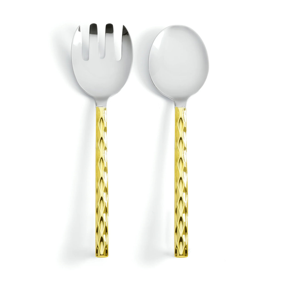 The Truro Salad Servers Gold by Michael Wainwright, featuring shiny 24k gold textured handles and polished 18/10 stainless steel tops, are displayed side by side on a white background.