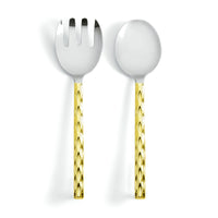 The Truro Salad Servers Gold by Michael Wainwright, featuring shiny 24k gold textured handles and polished 18/10 stainless steel tops, are displayed side by side on a white background.