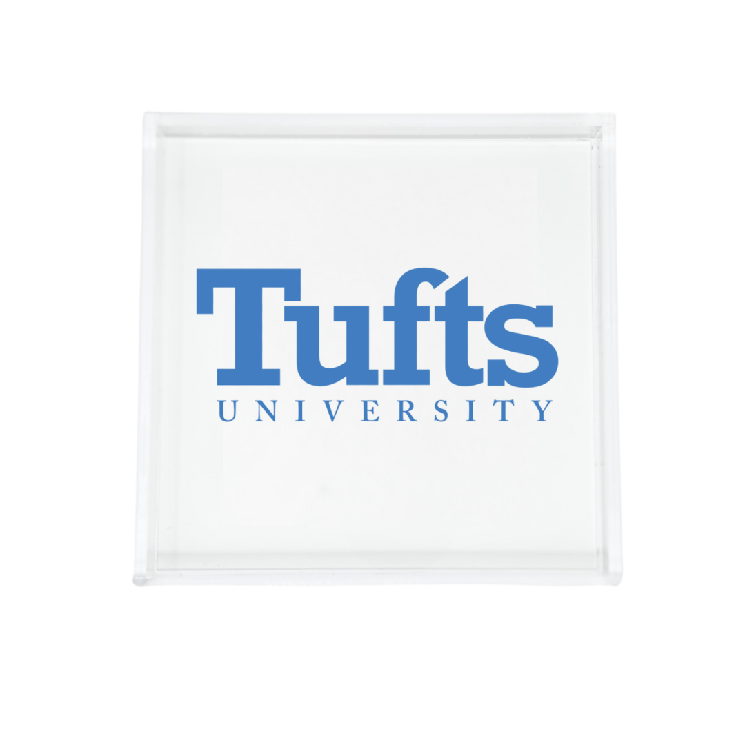 The Eye Candy College Acrylic Catchall Tray features blue "Tufts University" text on a clear square design—perfect as a college pride accessory or stylish dorm room tray.