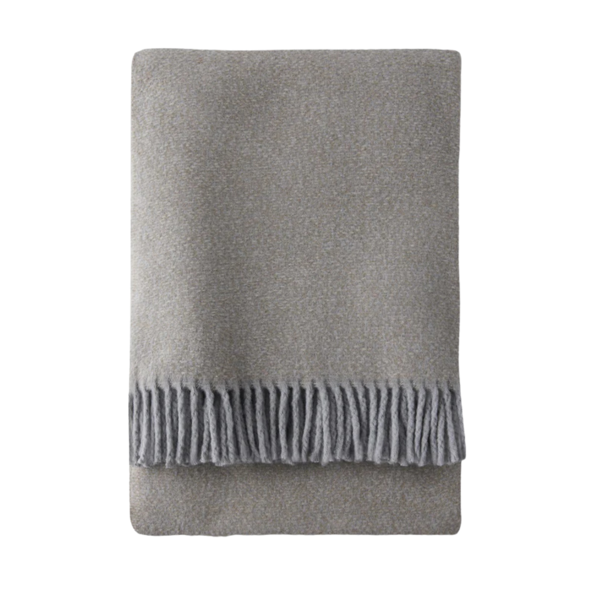 The Tweed Weave Throw by A Soft Idea is a neatly folded, light gray textured blanket with fringe detail along one edge, displayed on a white background.