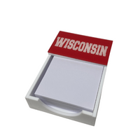 The Eye Candy College Note Pad is a white note holder with blank paper and a bold red top labeled WISCONSIN. This custom school accessory makes an ideal graduation gift. Plain white background.