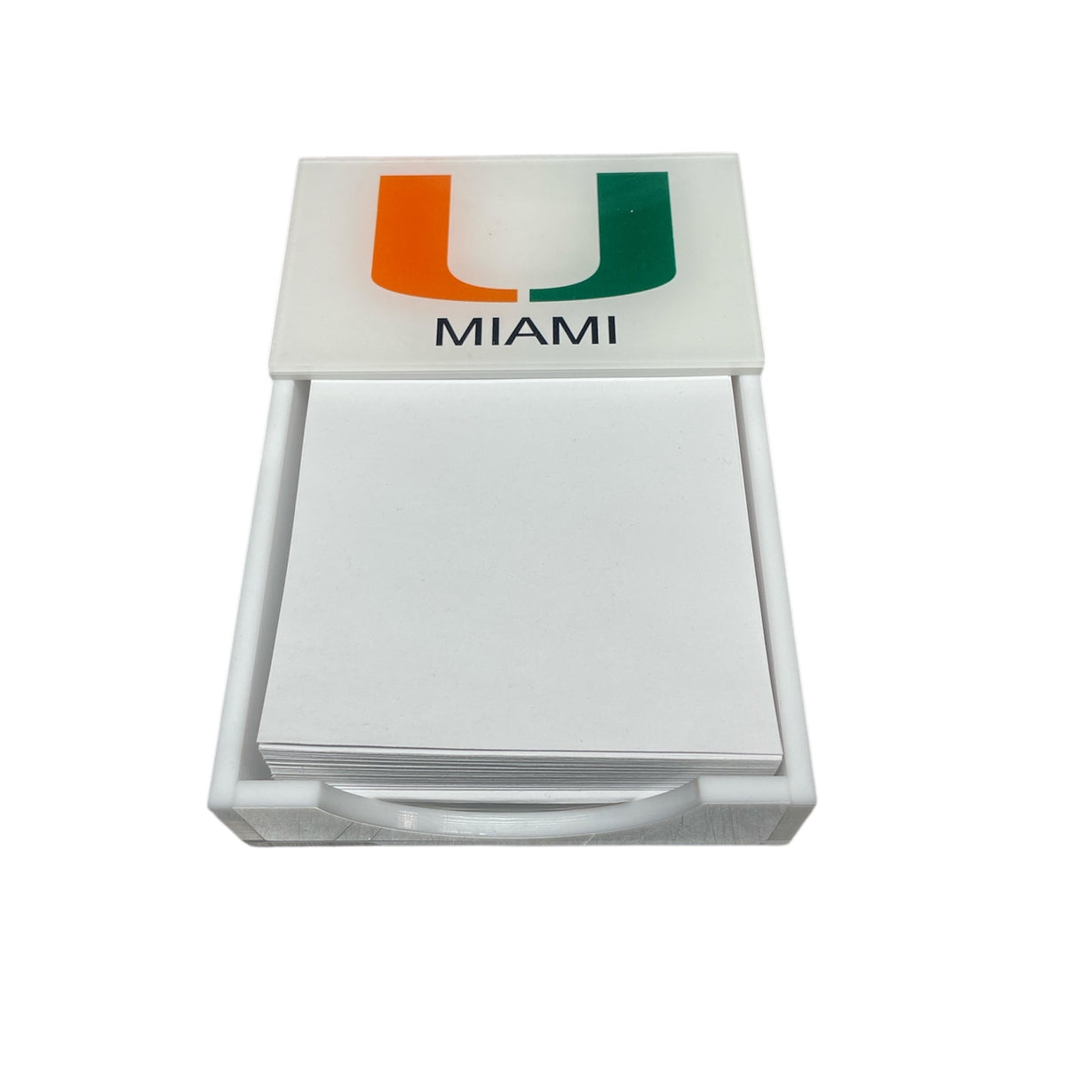 The Eye Candy College Note Pad features a white holder with blank notepaper and a lid displaying the University of Miami U logo and "MIAMI" text—an ideal graduation gift.