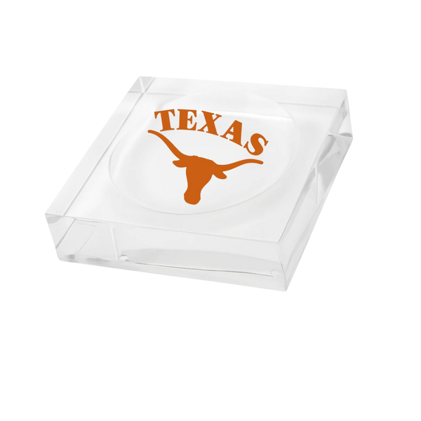 The Eye Candy College Sundry Jewelry / Catchall Dish is a clear acrylic cube featuring the Texas Longhorns logo in burnt orange—perfect as a catchall or unique gift for any college student.