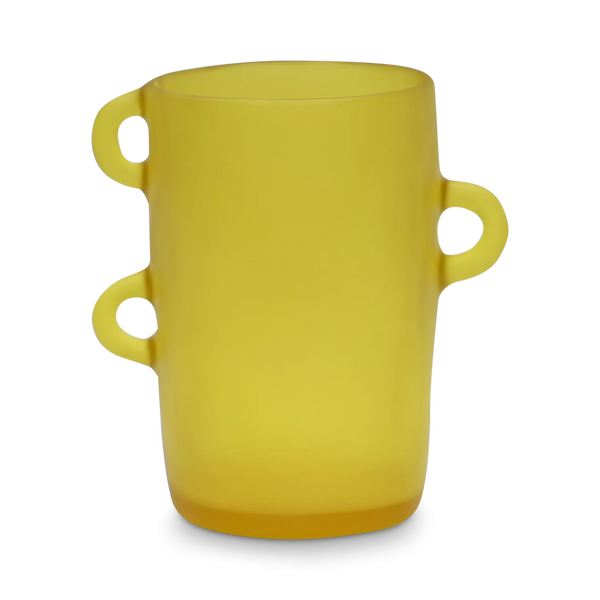 A matte yellow Tina Frey Loopy Vase - Medium by Tina Frey, featuring three circular handles arranged vertically on one side, is displayed against a plain white background.