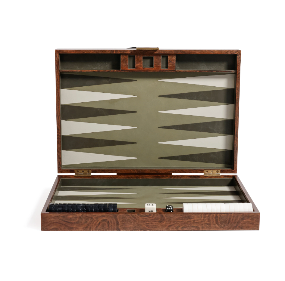 The Zodax Malaga Backgammon Set 19″ is displayed open, revealing its beautifully crafted wood veneer board with neatly arranged black and white checkers, two dice, and a doubling cube.