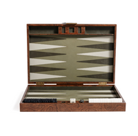 The Zodax Malaga Backgammon Set 19″ is displayed open, revealing its beautifully crafted wood veneer board with neatly arranged black and white checkers, two dice, and a doubling cube.