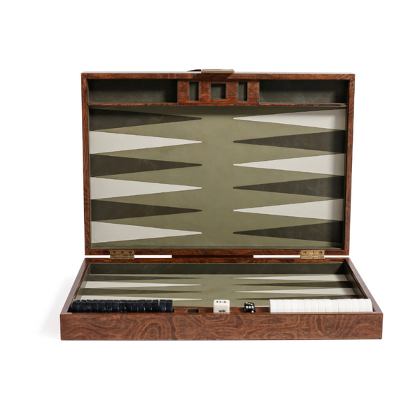 The Zodax Malaga Backgammon Set 19″ is displayed open, revealing its beautifully crafted wood veneer board with neatly arranged black and white checkers, two dice, and a doubling cube.