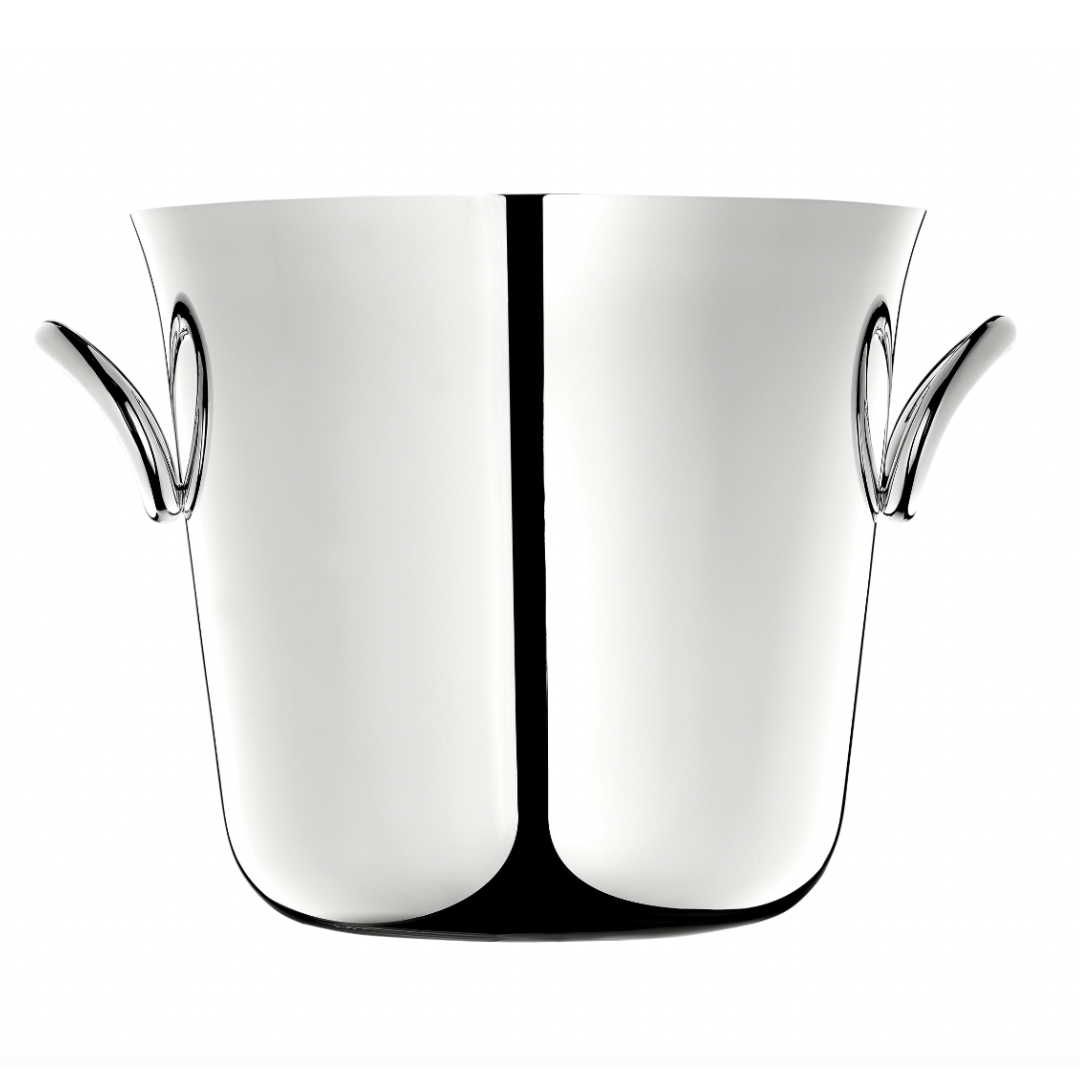 The Christofle Vertigo Silver Plated Champagne Cooler features two elegant curved handles on either side and is set against a white background.