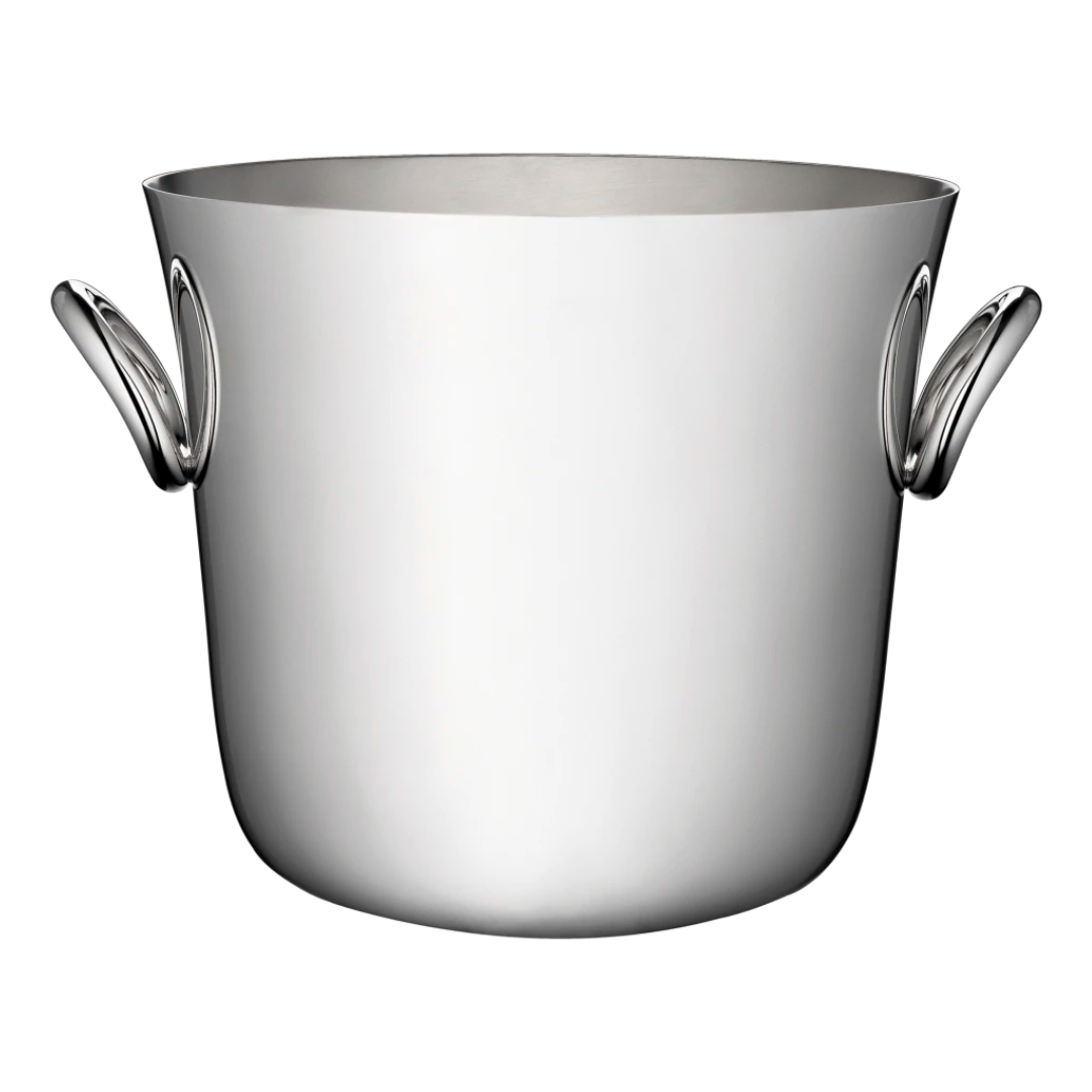 The Christofle Vertigo Silver Plated Ice Bucket features two curved side handles and a sleek finish, shown isolated on a white background.