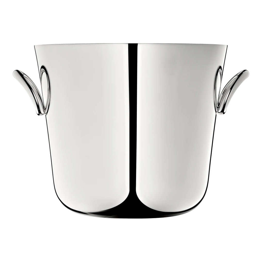 The Christofle Vertigo Silver Plated Ice Bucket, featuring two curved side handles, is displayed against a white background.
