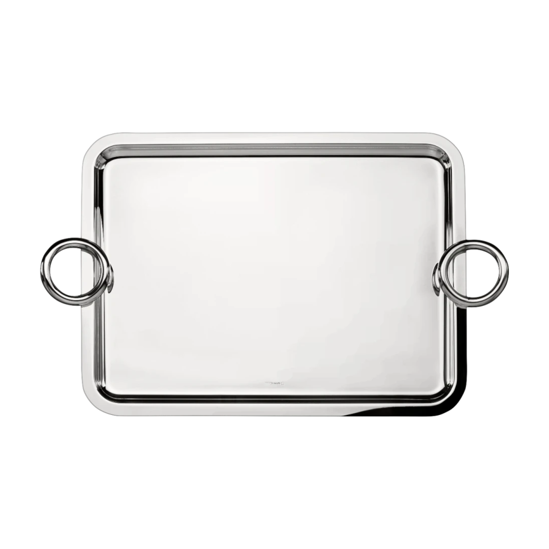 The Christofle Vertigo Silver Plated Rectangle Tray features a polished finish and two large round handles, designed in the Andrée Putman style, shown against a white background.
