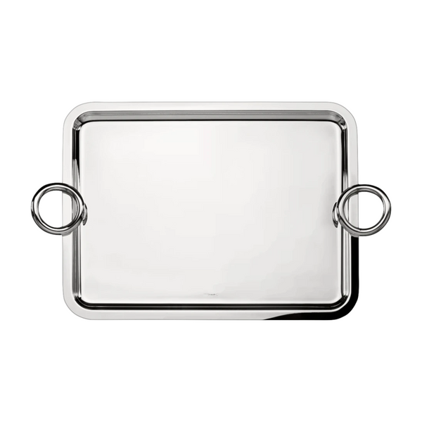 The Christofle Vertigo Silver Plated Rectangle Tray features a polished finish and two large round handles, designed in the Andrée Putman style, shown against a white background.