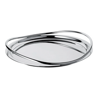 The Vertigo Silver Plated Round Tray by Christofle features two overlapping curved handles by Andrée Putman, creating a modern, artistic look against a plain white background.