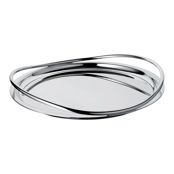 The Vertigo Silver Plated Round Tray by Christofle features two overlapping curved handles by Andrée Putman, creating a modern, artistic look against a plain white background.