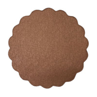 The Victoria Round Scallop Placemat Set of 4 by Deborah Rhodes features textured brown placemats with visible stitching, crafted for easy care, and shown on a white background.