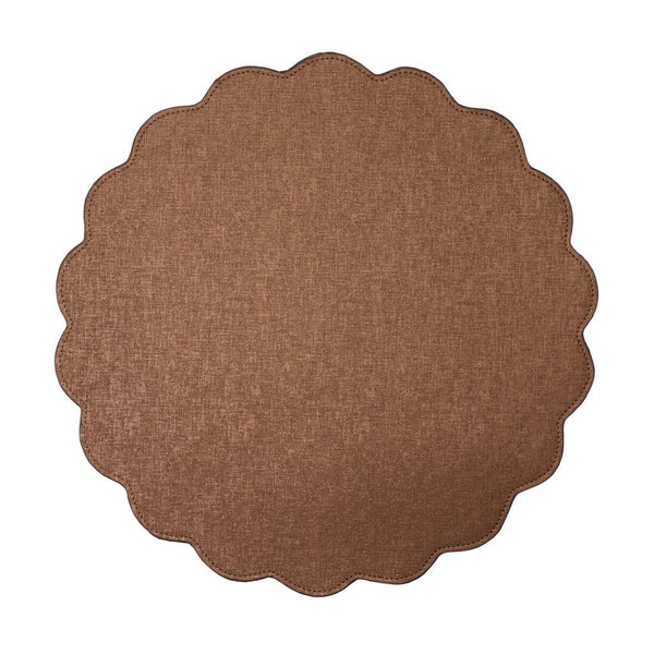 The Victoria Round Scallop Placemat Set of 4 by Deborah Rhodes features textured brown placemats with visible stitching, crafted for easy care, and shown on a white background.